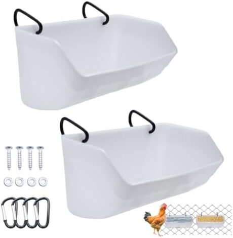 2 Pack Hanging Chicken Feeder Feed Trough with Clips, Fence Feed Trough Waterer Bucket, Poultry Feeding Container Goat Feeders for Duck Goose Sheep Piglet Dog Deer and Small Livestock(White)