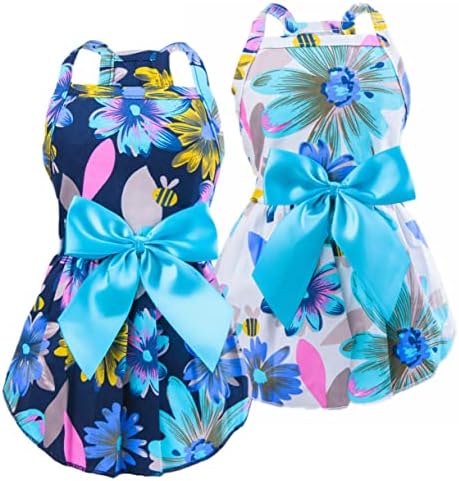 2pcs-New Spring Summer Puppy Dog Dress,Cute Colored Sun Flower Dog Bow Skirt for Small Girl Dogs(White&Navy Sunflower,XS)