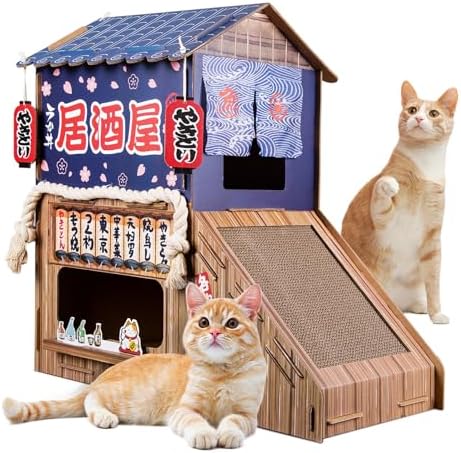 Cardboard Cat House for Indoor Cats（Heavy Duty Cardboard）,Cardboard Cat Scratcher House,Large Cat House with Scratchers,(29.5inx28.5inx18in),Double Cat Bed,Suitable for Multiple Cat Play.