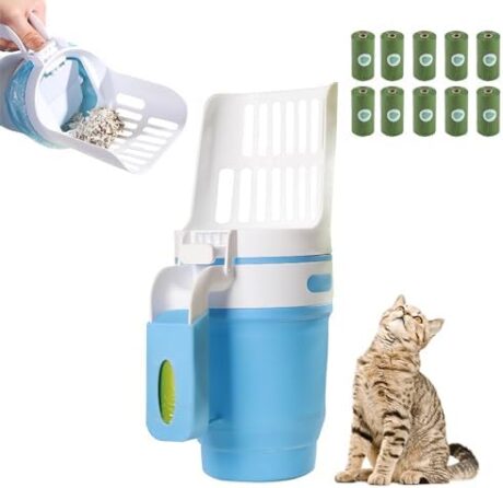 Cat Litter Scooper with Holder, Cat Poop Shovel with Waste Container and Refill 150 Bags(10 Boxes of 15 Bags), Integrated Detachable Large Capacity Cat Litter Scoop with Bags (Blue)