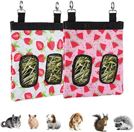 Guinea Pig Hay Feeder, Hay Feeder Rabbit, 2 Pack Rabbit Hay Feeder, DZWLKJ Hay Feeder Bag Hanging Feeder Sack with 2 Holes for Rabbit Guinea Pig Chinchilla Hamsters Small Pets.(Watermelon+Strawberry)