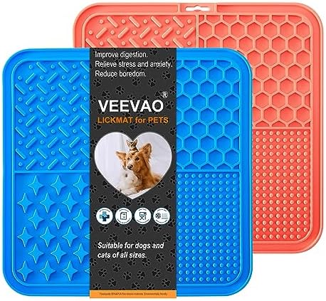 Lick Mat for Dogs, 8" × 8" Food-Grade Silicone Dog Lick Mat as Dog & Cat Slow Feeder, 2 PCS Dog Licking Mat with Suction Cups, Relieve Pets Anxiety and Boredom (Coral Red & Blue)