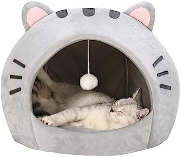 QWINEE Indoor Cat Bed Cave with Removable Cushion - Pet Plush Tent House Cartoon Ear Design Pet Bed with Pompom for Cats Kitten Dogs Puppy and Rabbit Multicolor L