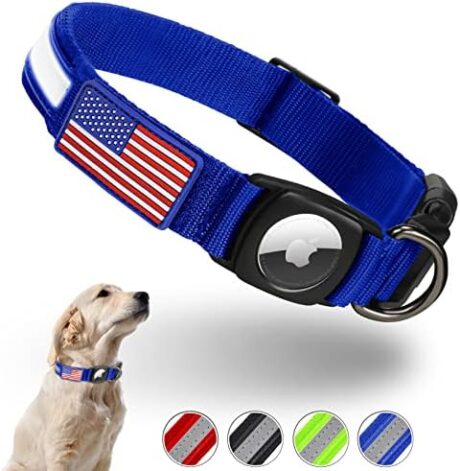 Reflective AirTag Dog Collar, FEEYAR Waterproof Air Tag Dog Collar [Blue], Integrated Apple AirTag Holder Dog Collars with Flag Patch, GPS Tracker Dog Collar for Small Medium Large Dogs [Size L]