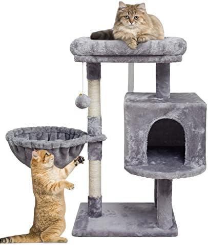 SYANDLVY 29.53" Cat Tree Tower for Indoor Cats, Activity Cat House with Scratching Post for Kittens, Climbing Stand with Basket & Condo for Play Rest (Grey)