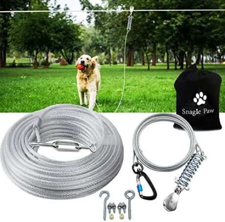 Snagle Paw Dog Tie Out Runner for Yard,Trolley System for Large Dogs, Dog Zipline Aerial Tie Out Cable 75ft with 10ft Pulley Runner Line for Dogs Up to 250lbs for Yard or Camping
