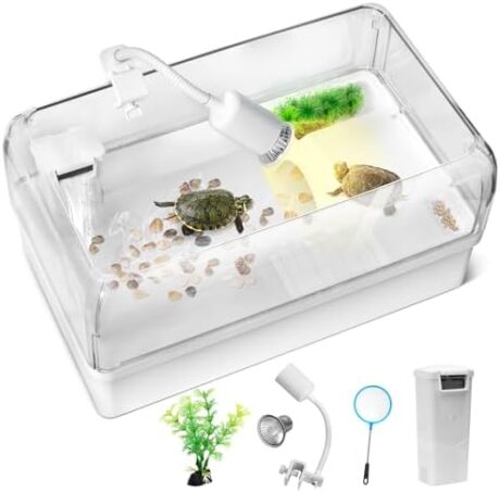 Turtle Tank Habitat Kit, Aquatic Tortoise Starter Enclosure with Hideout, Multi Function Area, Basking Platform Light, Drainage, Plant, Water Pump Filter, Aquarium Tank for Reptiles Turtles Crabs