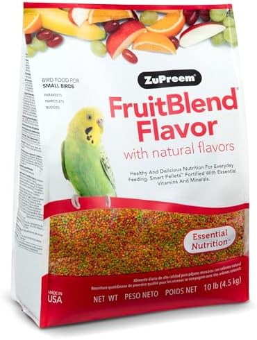 ZuPreem FruitBlend Bird Pellets, Daily Bird Food for Parakeet, Budgie, Parrotlet, Dove, Core Nutrition for Small Birds, Made in USA, Parakeet Food, Budgie Food (S, 10 lb)