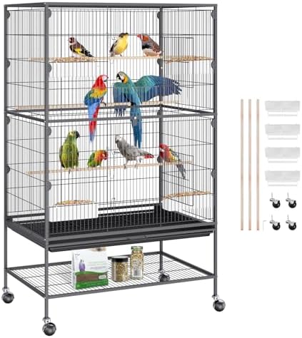 VEVOR 52 Inch Bird Cage, Wrought Iron Large Parakeet Flight Cage with Rolling Stand and Slide Out Tray, Standing Big Bird Cage for Parakeets, Parrots, Cockatiels, Budgies, Lovebirds, Pigeons