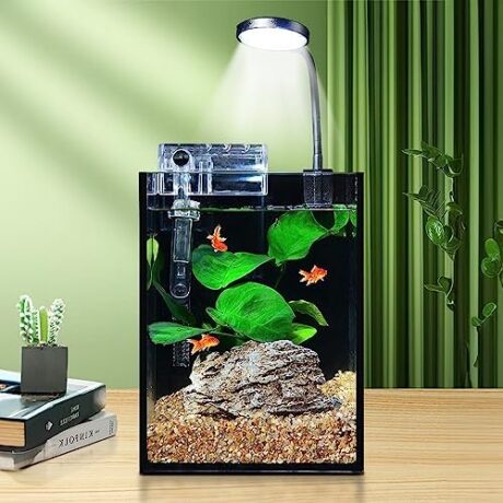 1.2Gallon Fish Tank Kit Desk Aquarium Set Small Low Iron Glass Beginner Fish Bowl with LED Light and Water Pump for Kids Glass Fish Tank with Accessories Self-Cleaning Filter