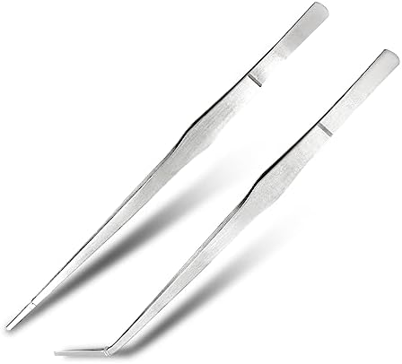 2pcs Aquarium Tweezers, 15 Inch Long Feeding Tongs for Aquatic, Stainless Steel Curved & Straight Fish Tweezers, Long Tweezers for Reptiles Feeding, Aquatic Cleaning