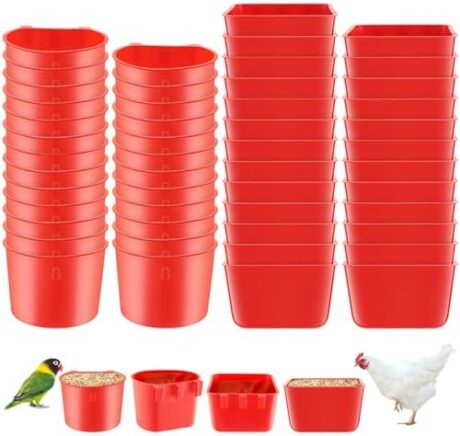 50 Pcs 4.9 x 3.7 x 2.4'' Cage Cups Chicken Feeders 3.2 x 3.2 x 2.4'' Cage Cups Birds Feeders Hanging Chicken Water Cups Seed Bowl Coop Cups for Parrot Poultry Pigeon Feeding Watering, Red