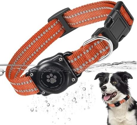 Airtag Dog Collar, 100% Waterproof Integrated Apple Air Tag Dog Collars, Reflective GPS Dog Collar with Hard PC AirTag Holder Case for Small Medium Large Dog (Orange)