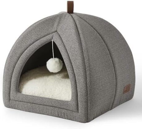 Bedsure Cat Beds for Indoor - 2 in 1 Cat Cave House Tent for Kittens and Small Pets with Removable Washable Cushioned Pillow, Foldable Kitten Hideaway with Non-Slip Bottom, Grey, 16 inches