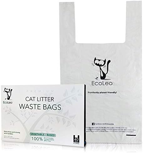 Cat Litter Waste Poop Bags - X-Large, Compostable, Plastic-free, Thick, Leak Proof, Pet/Dog Poo Bags with Easy-Tie Handles,10.5 x 18.5 inch, White, EcoLeo