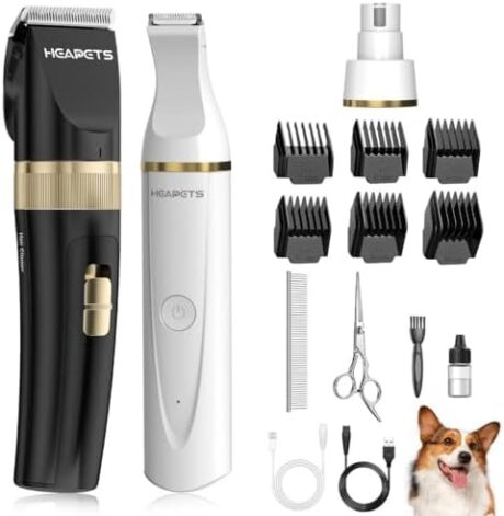 Dog Hair Clippers for Grooming Kit and Dog Paw Trimmer Nail Grinder for Grooming, Low Noise Rechargeable Cordless, Shaver Grooming Supplies for Pet Cats Dogs (Black, White)