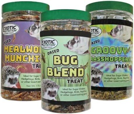 Exotic Nutrition Dried Insect 3 Pack - Crickets, Grasshoppers, Mealworms - for Sugar Gliders, Hedgehogs, Wild Birds, Chickens, Turtles, Tropical Fish, Reptiles