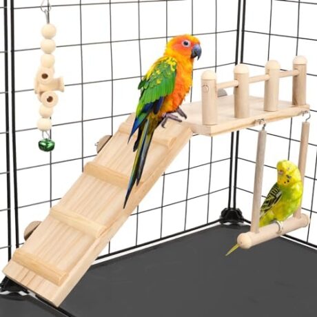 Fuyamp Bird Perches Platform Stand with Swing, Ladder and Sepak Takraw for Small Birds, Hamsters, Lovebirds, Budgerigars, Hummingbirds