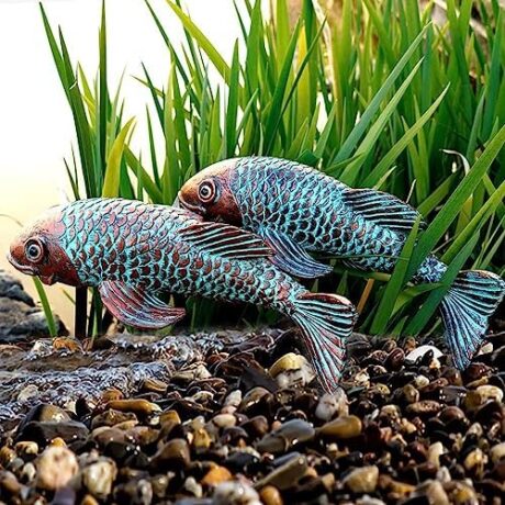 Garden Statues, Koi Fish Decor, Set of 2 Antique Koi Fish Garden Statue,Fish Sculpture Garden for Outdoors, Patio Decor, Backyard and Home Kitchen Decoration