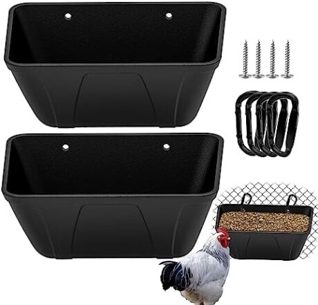 Hanging Fence Feeder for Chicken, Duck, Goat, Pig Poultry Feed Trough Chicken Feeder Bucket Feeding Container for Livestock (Black)