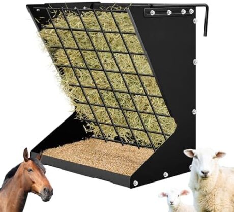 Hushee 2 in 1 Wall Mounted Heavy Duty Goat Horse Hay Feeder Rack Hanging Metal for Sheep 23.6" H Livestock Food Feeders Galvanized Steel No Waste for Mineral Forage Grain Adjustable Distance (Black)