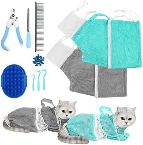 JULMELON Cat Washing Bag 10 PCS Set, Adjustable Cat Shower Net Bag and Pet Grooming Brush with Nail Clipper Nail File Hair Combs Tick Tool Nail Caps for Bathing Nail Trimming Examination（Grey+Green）
