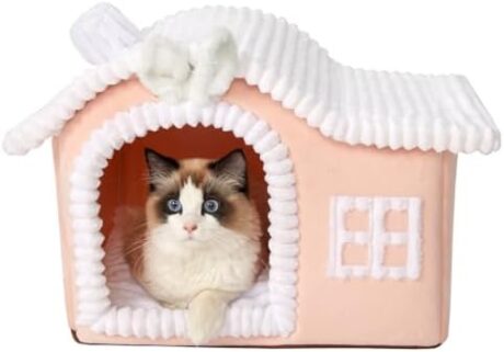 Jiupety Pink Cat House for Cats, Chimney Cat Houses for Indoor Cats, Enough Interior Space, Pet Animal House for 3-10 lbs Cat, Cartoon Cute Chimney Cat House