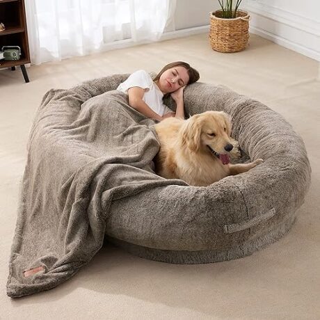 Large Human Dog Bed Bean Bag Bed for Humans Giant Beanbag Dog Bed with Blanket for People, Families, Pets,72"x48"x10" (Brown)