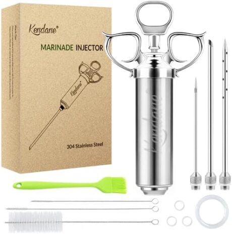 Meat Injector Syringe 2-oz Marinade Flavor Barrel 304 Stainless Steel with 3 Marinade Needles for BBQ Grill Smoker, Turkey, Fish, Brisket, Paper Silicone Brush and Instruction Included by Kendane