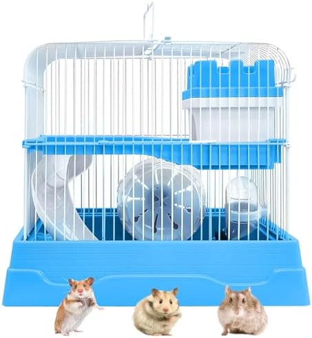 PINVNBY 2-Tier Dwarf Hamster Cage, Travel Portable Mouse Cage Gerbil Cages and Habitats Small Animal Carrier with Castle House Running Exercise Wheels, Water Bottle and Food Dish(Gray)