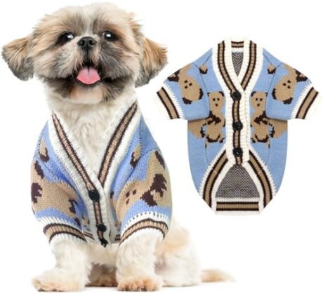 Small Dog Sweaters Cute Bear Dog Cardigans Clothes for Small Medium Dogs Boy Girl Puppy Cat Knitting Cardigan Outfits Dog Winter Coats Warm Pet Dog Clothes Soft Knitwear Apparel (Blue,S)