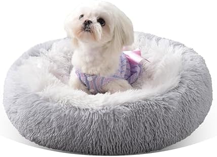 Something Different Calming Dog & Cat Bed, Anti-Anxiety Donut Cuddler Warming Cozy Soft Round Bed, Fluffy Faux Fur Plush Cushion Bed for Small Medium Dogs and Cats,24”,Grey