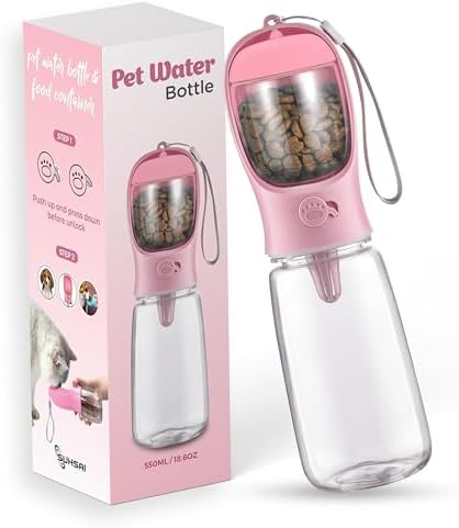 Suhsai Dog Water Bottle with Food Container 19 OZ Portable Pet Water Bottles for Puppy Small Medium & Large Dogs | Pet Accessories | Dog Food and Water Dispenser | Dog Camping Essentials (Pink)