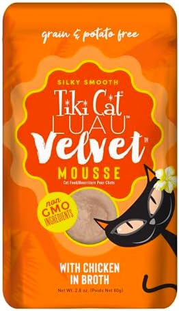 Tiki Cat Luau Velvet Mousse, Chicken in Broth, Complete Nutrition for Balanced Diet, Wet Cat Food For All Life Stages, 2.8 oz. Pouch (Pack of 12)