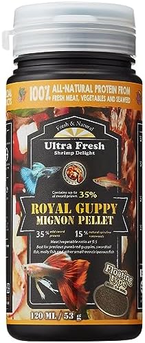 Ultra Fresh Royal Guppy Mignon Pellet, All Natural Guppy Food, Sword Prawns, Spirulina, Highly Nutritious, for Cleaner Water and More Vibrant Color 1.87 oz