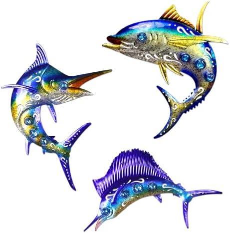VinSees metal fish wall decor, outdoor wall art decor,bathroom beach decor，coastal ocean sea wall decor, large size metal marlin tuna wall art, tropical themed home pool beach decorations. Set of 3 ,