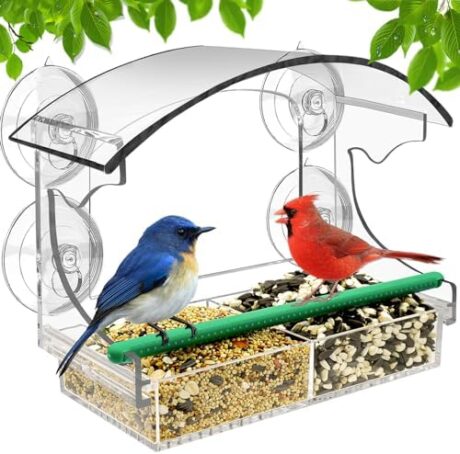 Window Bird Feeder, Strong Suction Cups Window Bird Feeders for Viewing Wild Bird Outside, Acrylic Clear Bird Feeder for Window Removable Seed Tray with Drain Holes, Weatherproof Bird House