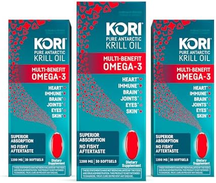 Kori Krill Oil Omega 3 Supplement, Antarctic Krill Oil with Superior Absorption vs Fish Oil, Krill Oil 1200mg Softgels, 30 Softgels, EPA & DHA (Pack of 3)