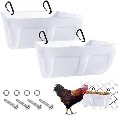 2 Pack Chicken Feeder Feed Trough with Clips, Hanging Chicken Feeder Bucket Feeding Container for Livestock, Goat Duck Chicken Feeder, Poultry Feeder, Goat Feeder Supplies, 4.5 Quart