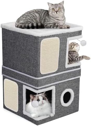 2-Storey Cat House for Indoor Cats, Separate Into 2 Large Cat Bed Cave with Hideaway Condos, Scratch Pads, Hanging Balls, Foldable Indoor Cat House Hold Up to 30LBS, Cat Cube for Multiple Cats Kitten
