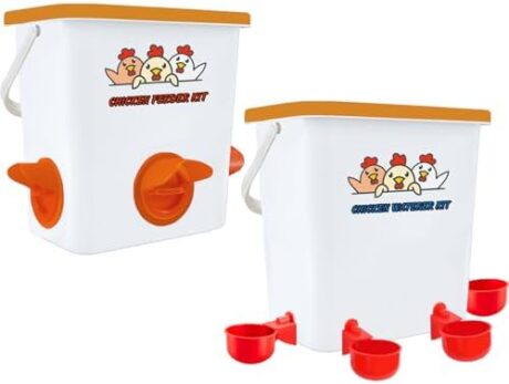 20LB/3gallon Chicken Feeder and Waterer Set, Automatic Poultry Feeder and Waterer Kit for Chicken Coop or Run, Hanging Chicken Feeder and Waterer, Chicken Coop Bucket Feeder Reduce Waste