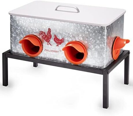 Automatic Chicken Feeder No Waste, 25lb 4-Port All Weather Metal Poultry Feeder with Stopper, Weatherproof Large Chicken Feeder for Chickens, Geese, Ducks, Turkeys, Quails