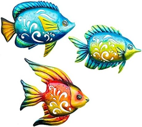 BVLFOOK Coastal Wall Decor, Ocean Sea Metal Fish Wall Decor, Hanging Wall Art Decoration for Indoor Outdoor, Beach Nautical Tropical Fish Wall Sculpture for Pool Bathroom Bedroom Patio