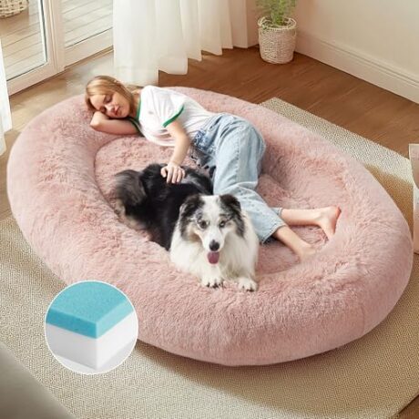 Bedsure Memory Foam Human Dog Bed, 72"x48"x12" Calming Giant Human Dog Bed for Adults People Fits Pet Families with Storage Pocket, Fluffy Faux Fur Orthopedic Dog Bean Bed, Pink