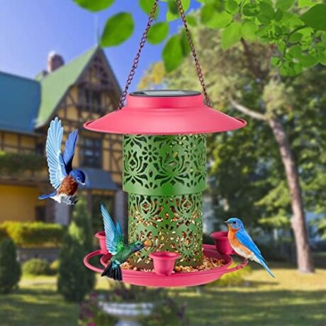 Bird Feeders for Outdoors Hanging, Solar Bird Feeder with 3 Water Cup for Outside Wild Bird Feeders, Retractable Metal Waterproof Garden Decorations Light
