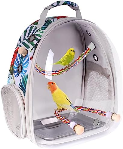Bird Traval Carrier Cage, Clear Space Capsule Astronaut Backpack to Carry Parakeet Cockatiel Parrot with Metal Tray Wood Perch, Vet Transport Book Bag Floral Printed