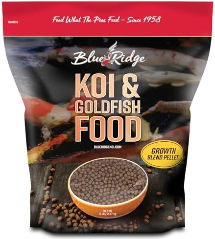 Blue Ridge Koi Fish Food 5lb - Koi Food 3/16” Large and Mini Blend Growth Formula, Goldfish Food, Premium Fish Food for Ponds, Ponds Fish Food, Floating Pond Pellets