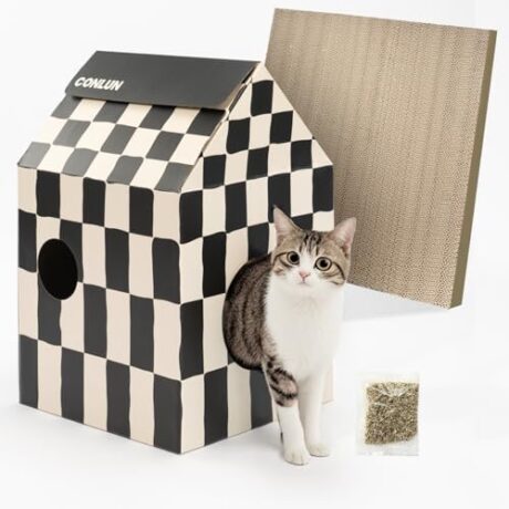 Cardboard Cat House with Scratch Pad & Catnip, Cat Play Scratching House for Indoor Hideaway Furniture, Heavy Duty Sturdy Cardboard Scratcher, Easy to Assemble Birthday Gift