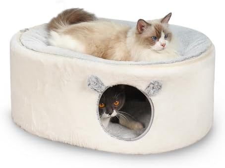 Cat Bed for Indoor Cats, Fluffy Cat Cave Large Enclosed Cat House Pet Bed Hammock with Removable Washable Cover for Sleeping Cat, Kittens, Small Dog, Oval Cat Hideaway