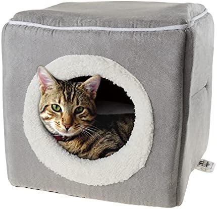 Cat House - Indoor Bed with Removable Foam Cushion - Cat Cave for Puppies, Rabbits, Guinea Pigs, Hedgehogs, and Other Small Animals by PETMAKER (Gray)